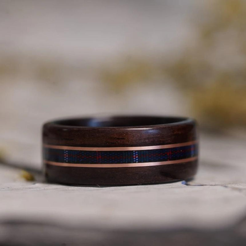 (In Stock)  Scots-Irish Tartan Ring - Rosewood with Scottish National Tartan & Dual Copper Inlays  Size 10/9mm