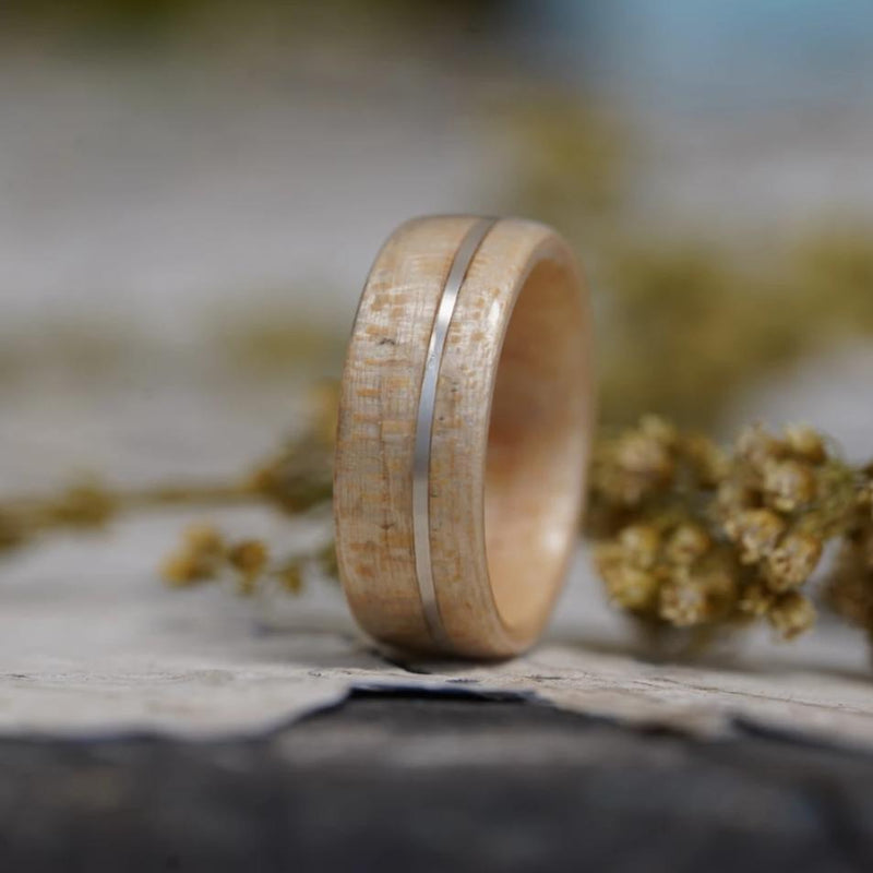 (In-Stock) Natural Maple Wood Ring w/Offset 20 Gauge Silver - Size 10.25/9 mm Wide