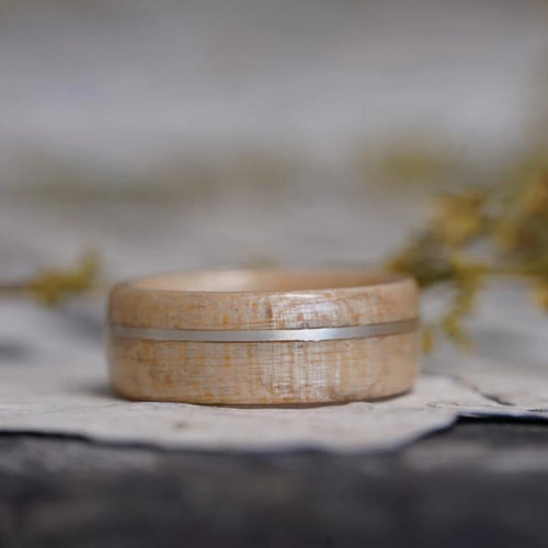 (In-Stock) Natural Maple Wood Ring w/Offset 20 Gauge Silver - Size 10.25/9 mm Wide