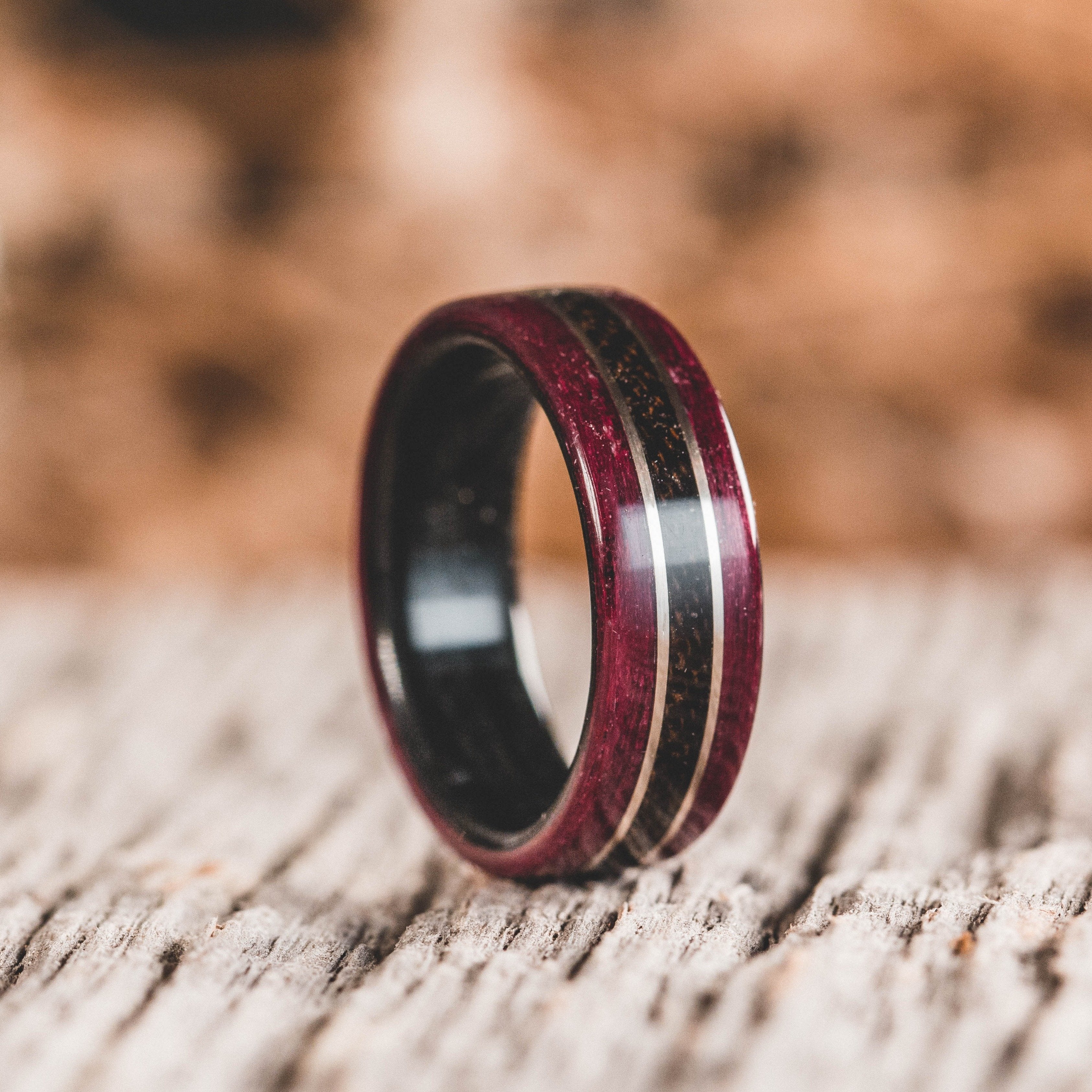 (In -Stock) Purple Heart w/Weathered Jack Daniel's Liner, Center Uniform and Dual White Gold - Size 8 / 7mm Wide