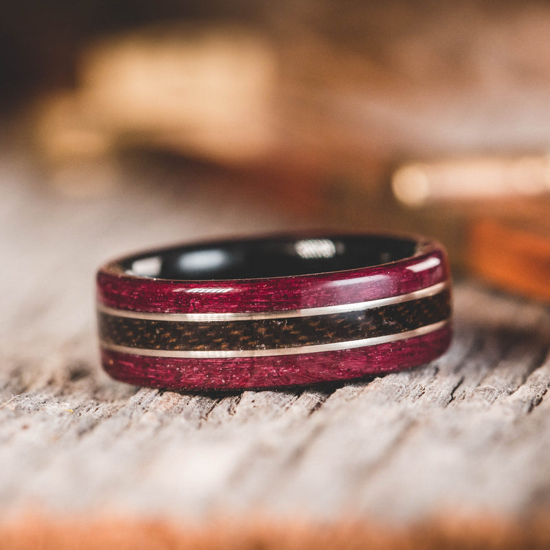 (In -Stock) Purple Heart w/Weathered Jack Daniel's Liner, Center Uniform and Dual White Gold - Size 8 / 7mm Wide