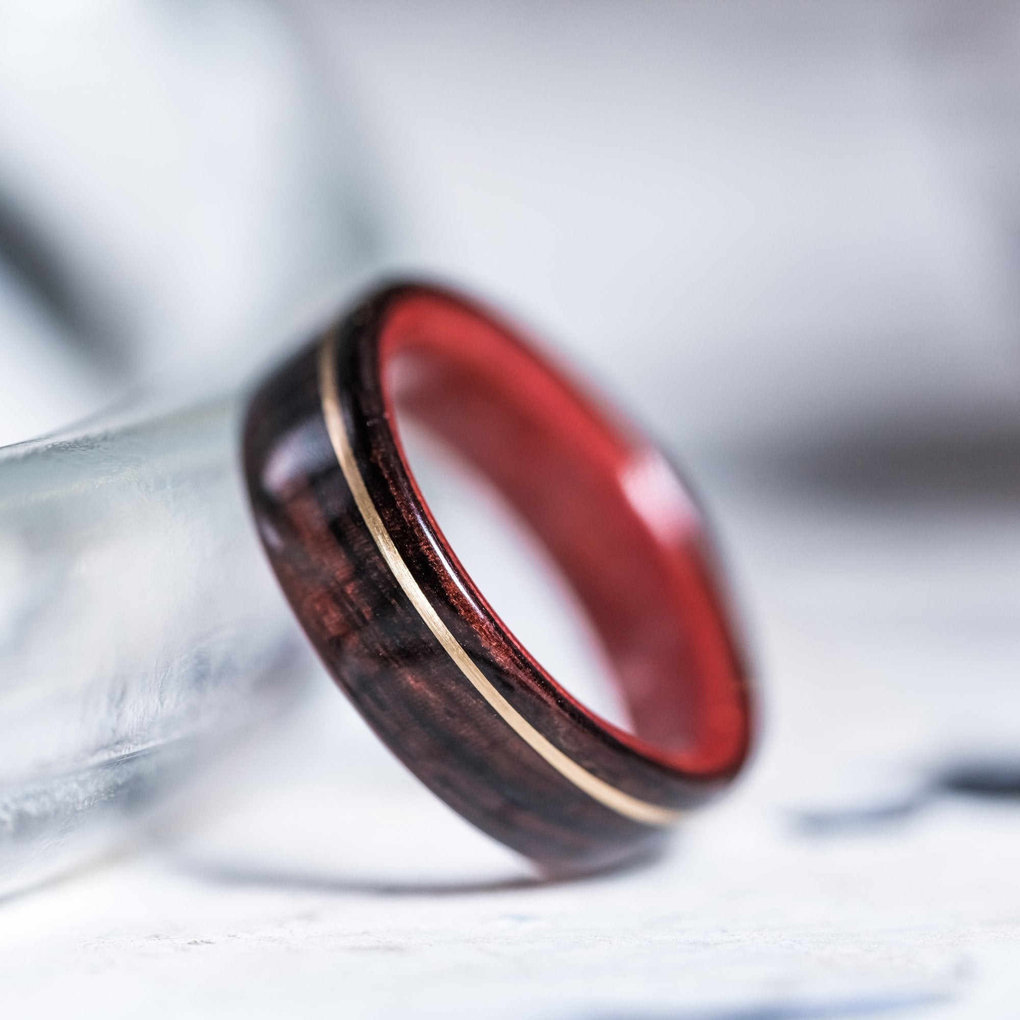 (In Stock) Rosewood & Pink Ivory with Offset Yellow Gold   Size 5.75/ 5.5mm