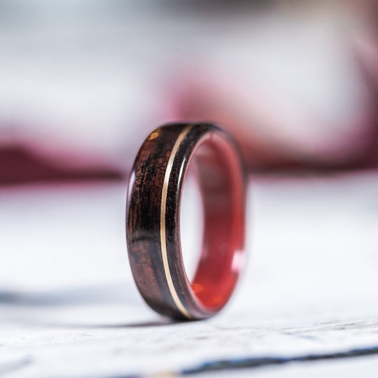 (In Stock) Rosewood & Pink Ivory with Offset Yellow Gold   Size 5.75/ 5.5mm