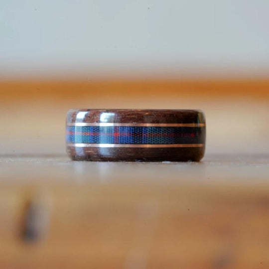 (In Stock) Scots-Irish Tartan Ring -  Rosewood with Center Flower of Scotland Tartan & Dual Rose Gold Inlays  Size 10.25/9mm