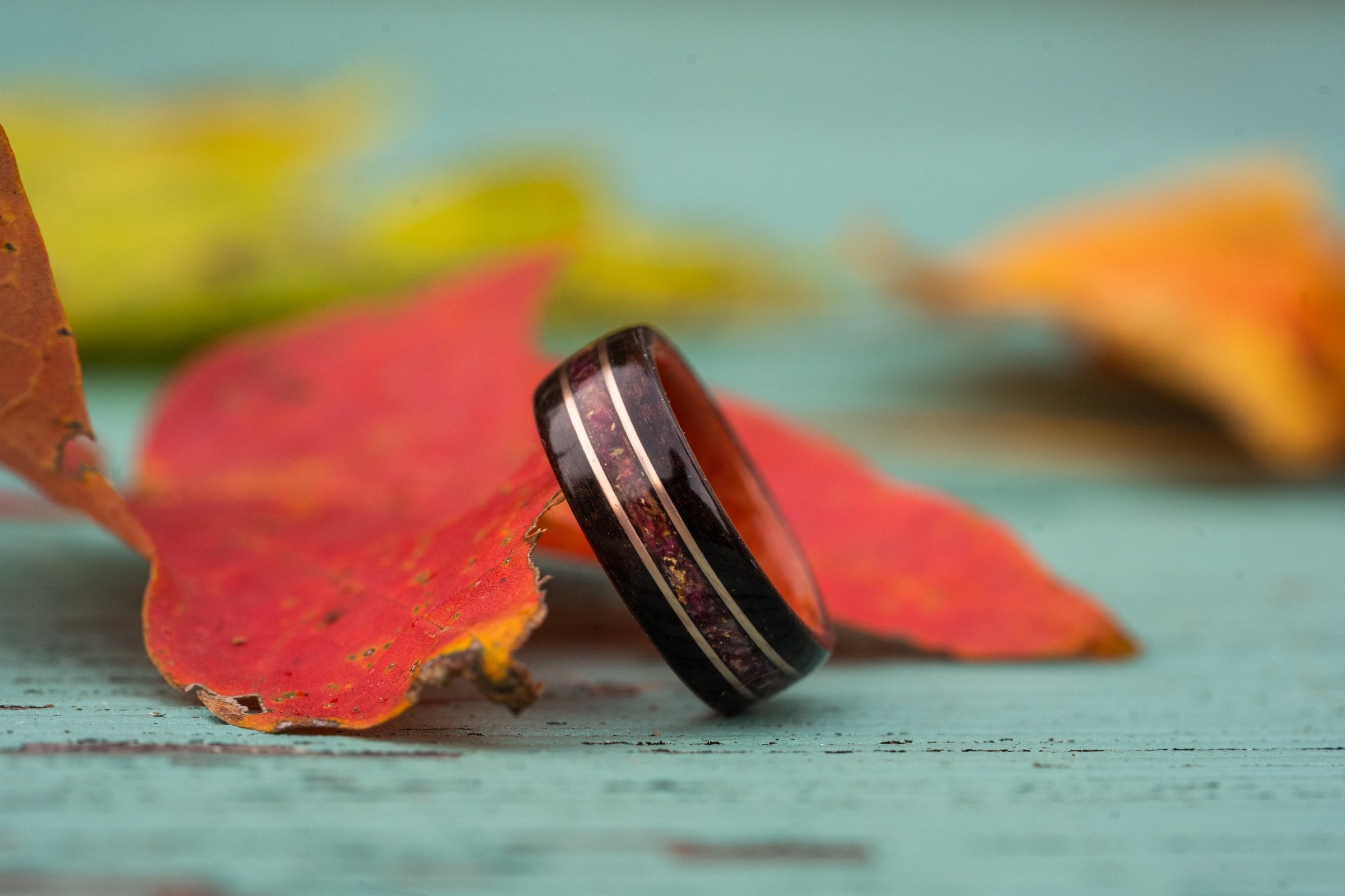(In Stock) Rosewood & Pink Ivory w/Crushed Roses & Rose Gold Inlays  Size 6.5/5.5mm