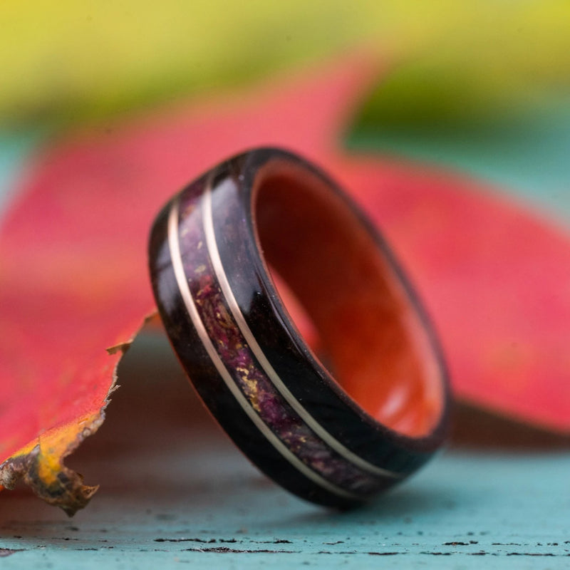 (In Stock) Rosewood & Pink Ivory w/Crushed Roses & Rose Gold Inlays  Size 6.5/5.5mm
