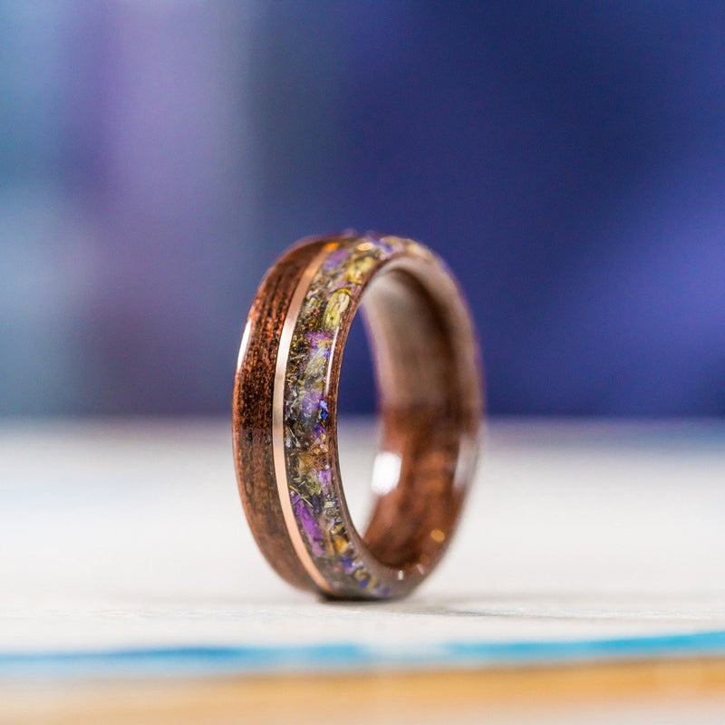 Women's Antique Walnut Wedding Band with Lavender Flowers and Center Gold Inlay