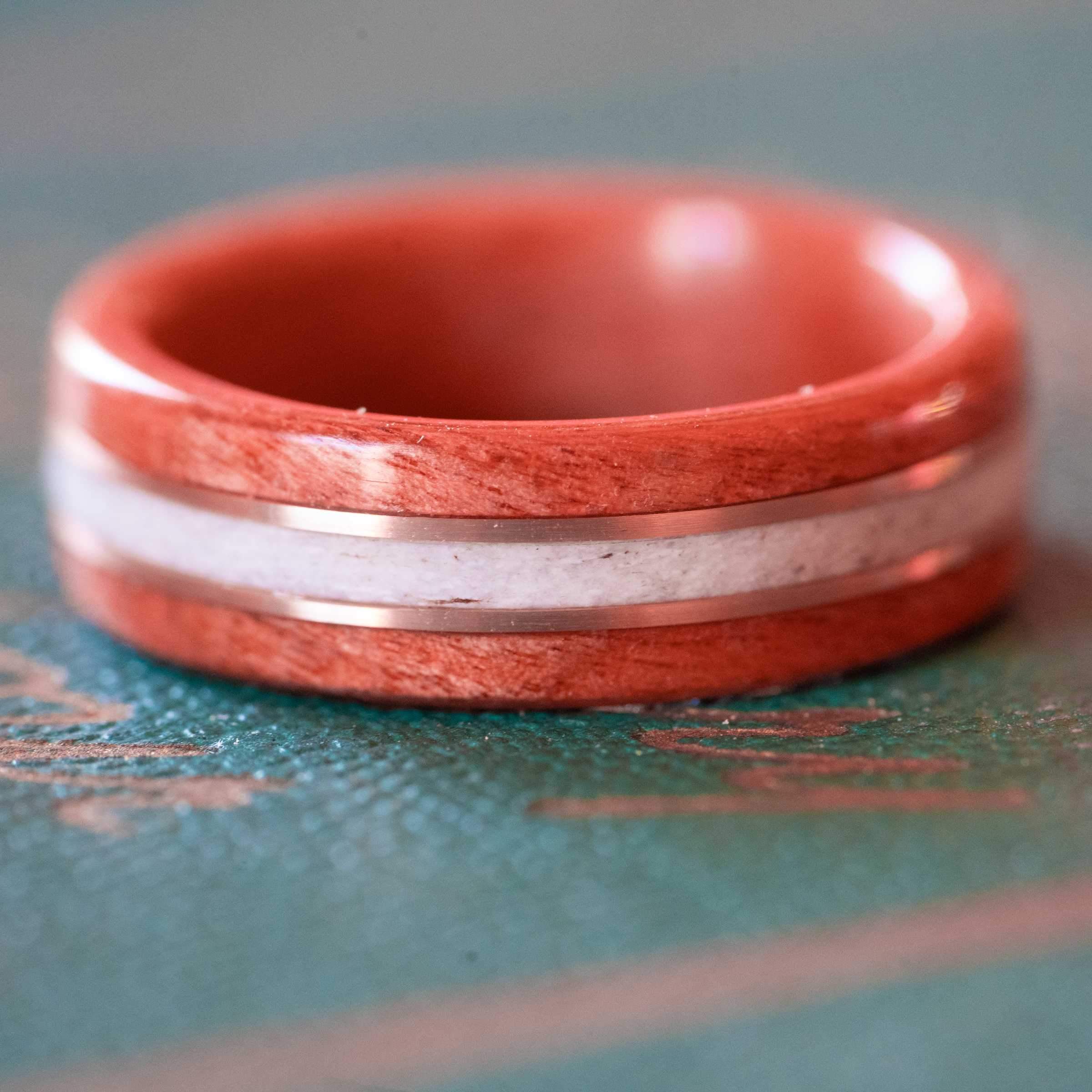 Women's Pink Ivory Wedding Band with Elk Antler and Dual Gold Inlay