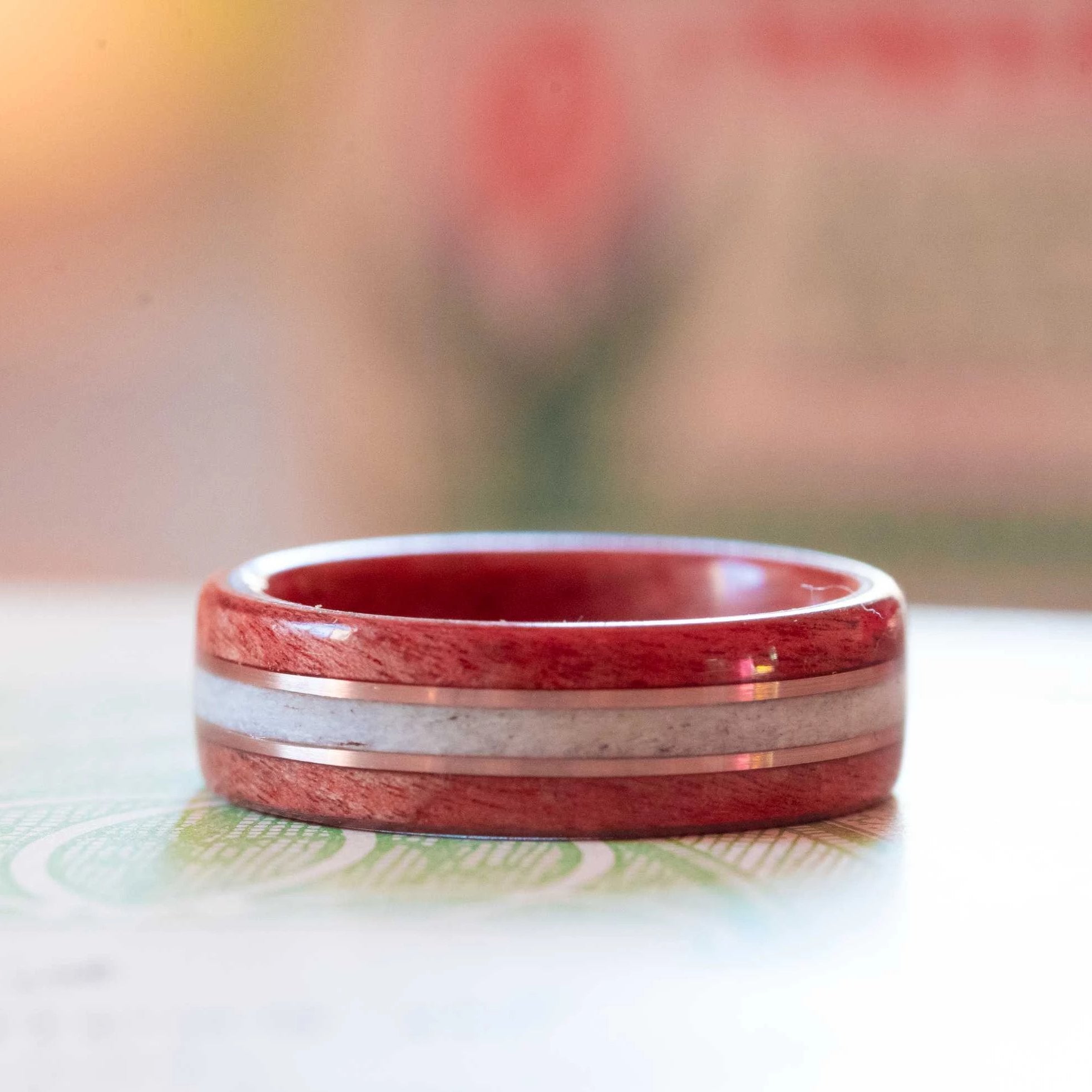 Women's Pink Ivory Wedding Band with Elk Antler and Dual Gold Inlay