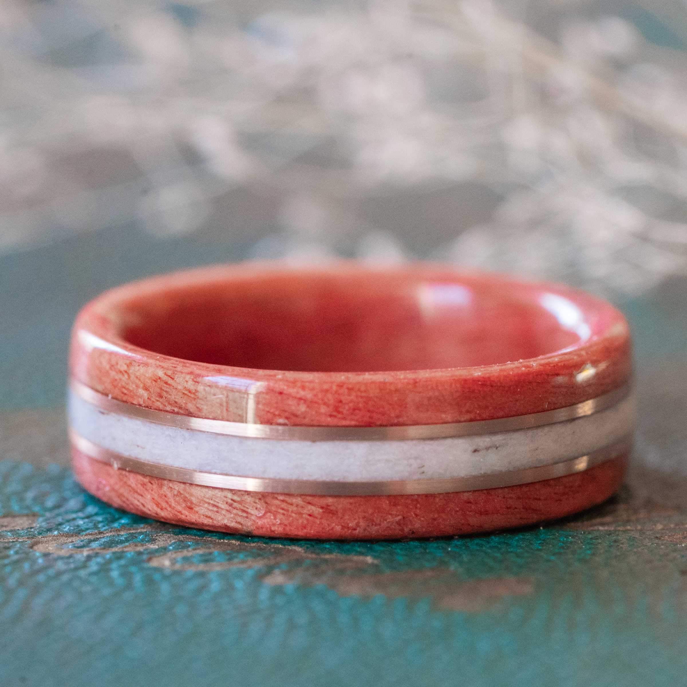Women's Pink Ivory Wedding Band with Elk Antler and Dual Gold Inlay