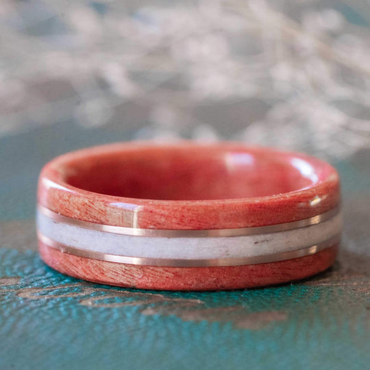 Women's Pink Ivory Wedding Band with Elk Antler and Dual Gold Inlay