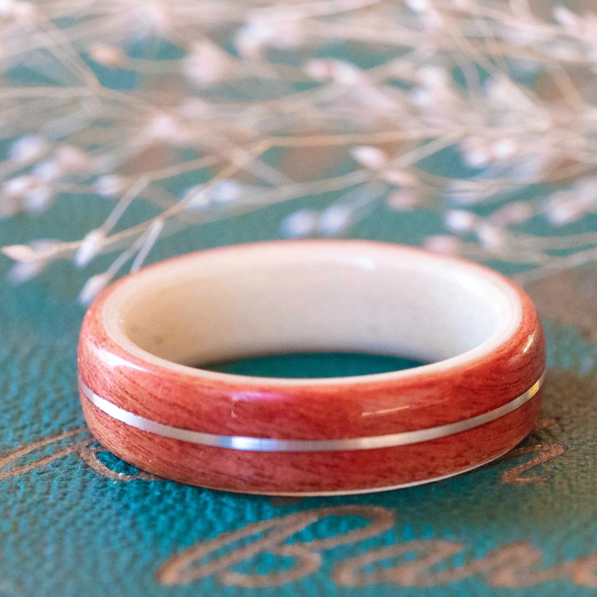 Women's Pink Ivory Wedding Band with Holly and Center Gold Inlay
