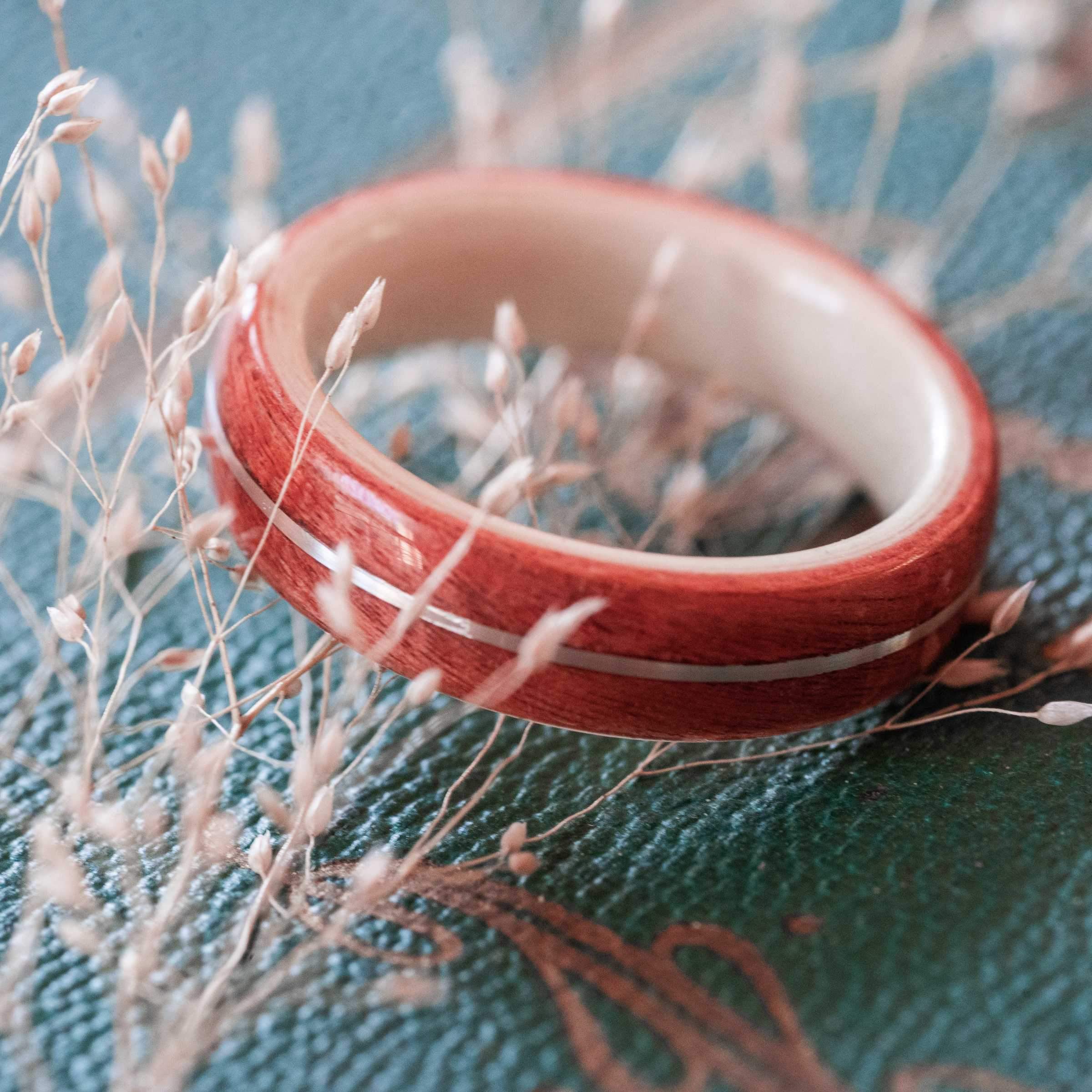 Women's Pink Ivory Wedding Band with Holly and Center Gold Inlay