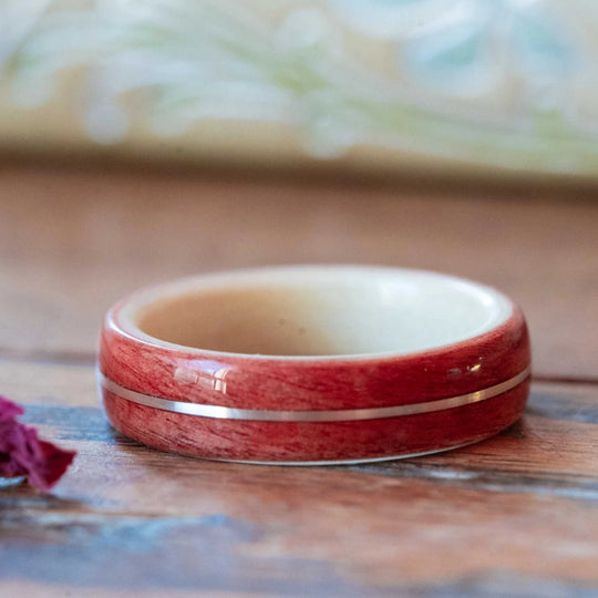 Women's Pink Ivory Wedding Band with Holly and Center Gold Inlay