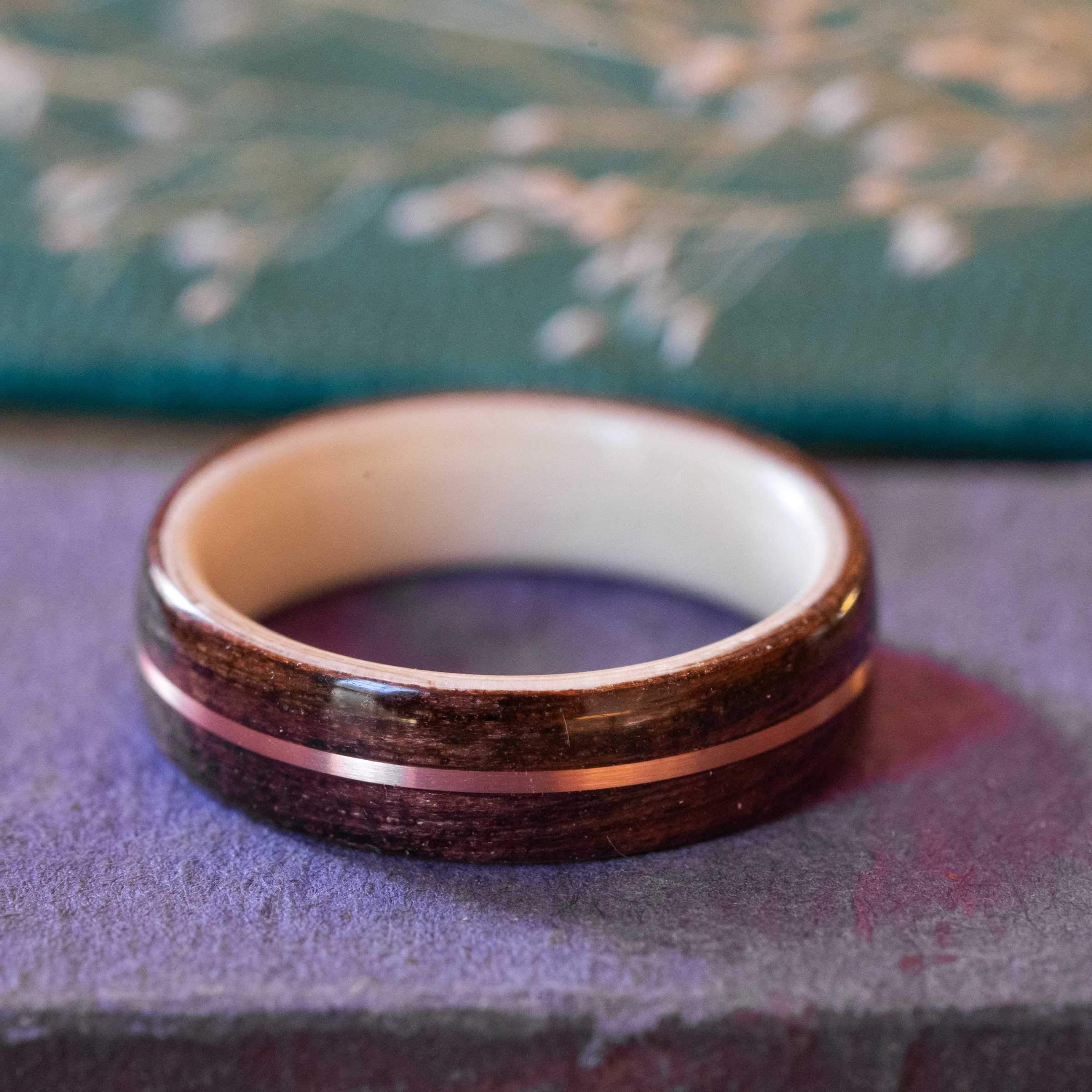 Women's Antique Walnut Wedding Band with Holly and Center Gold Inlay