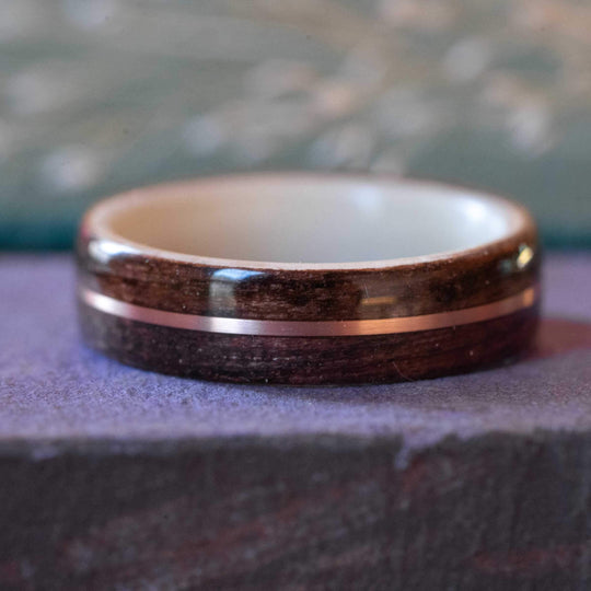 Women's Antique Walnut Wedding Band with Holly and Center Gold Inlay