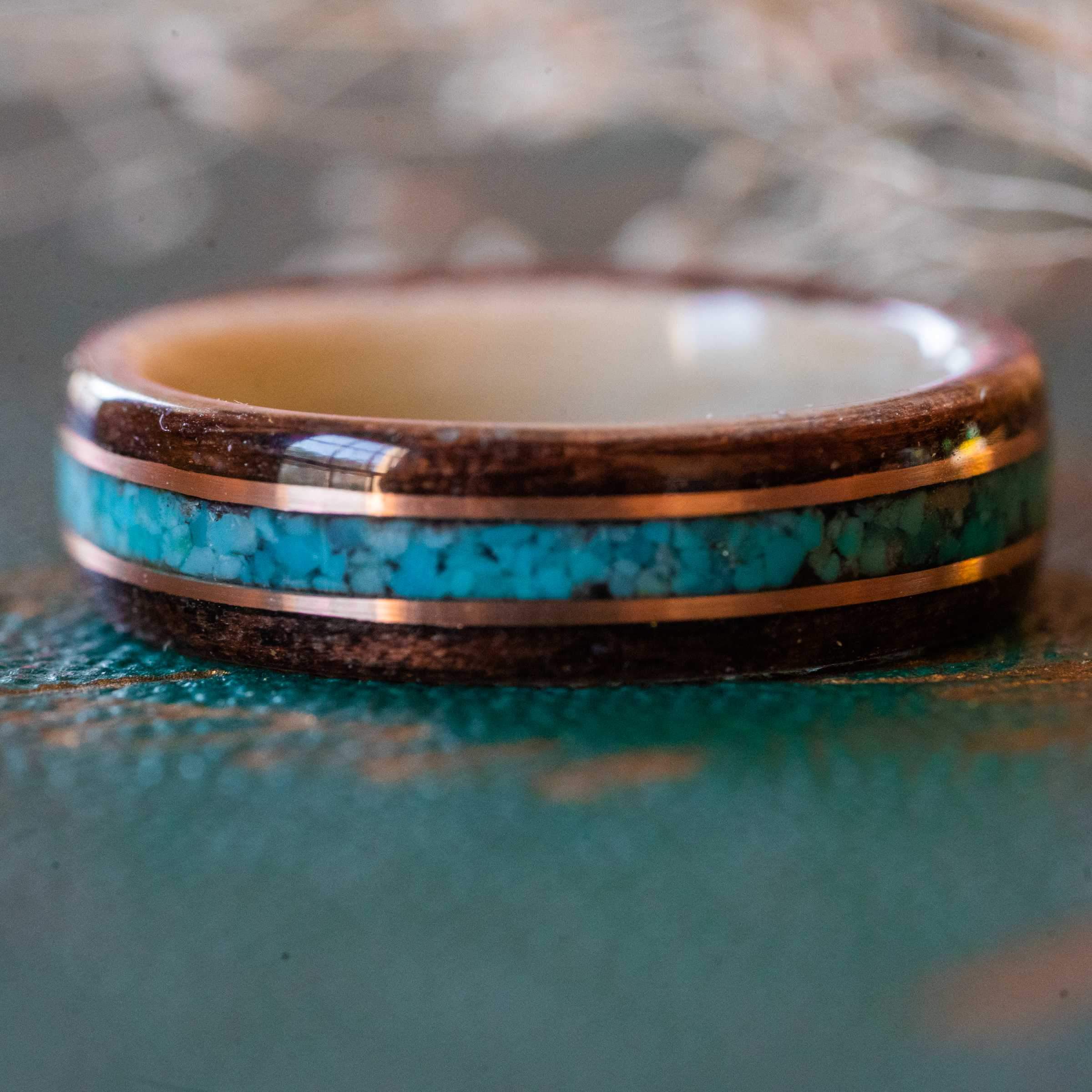 Women's Antique Walnut Wedding Band with Turquoise, Holly & Dual Gold