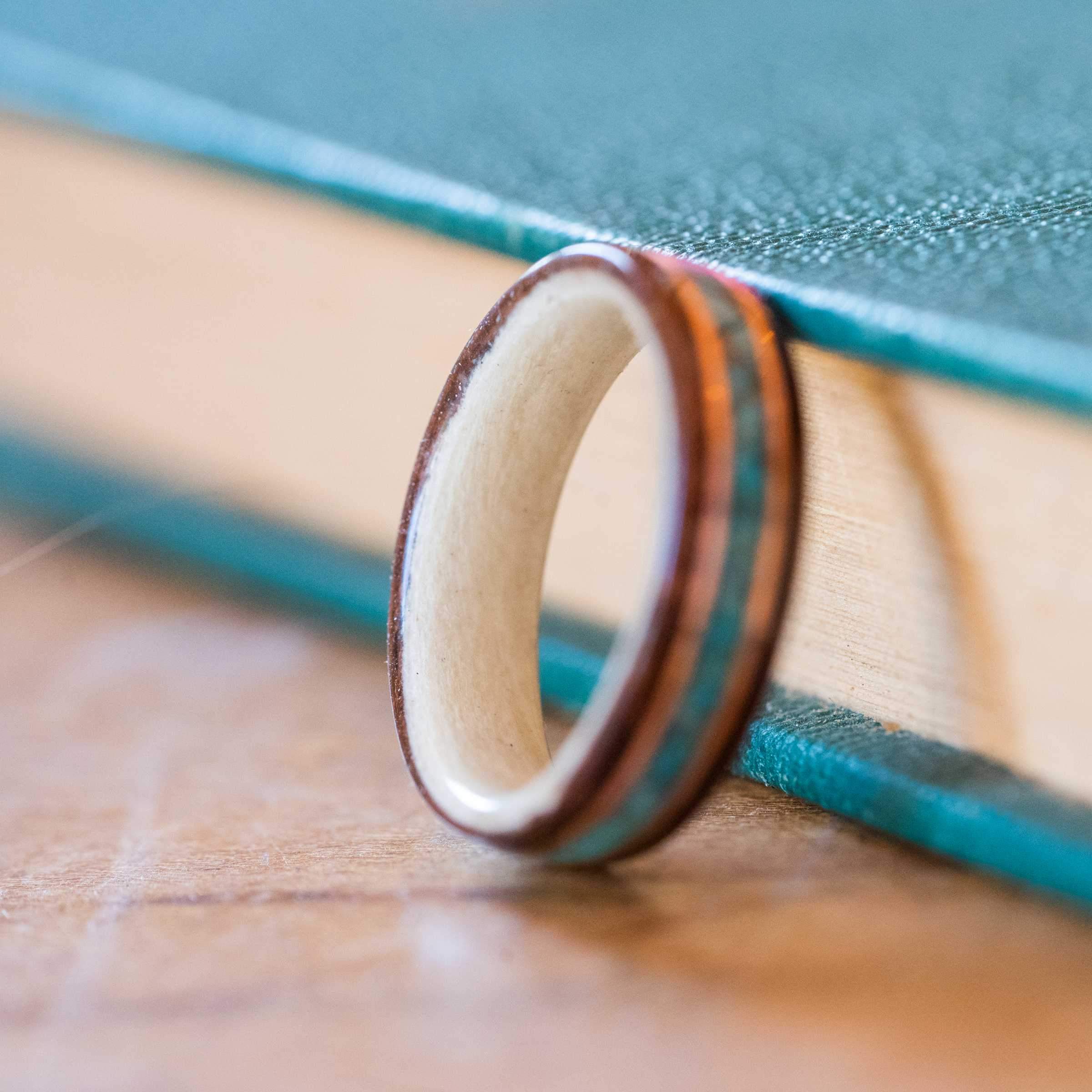 Women's Antique Walnut Wedding Band with Turquoise, Holly & Dual Gold