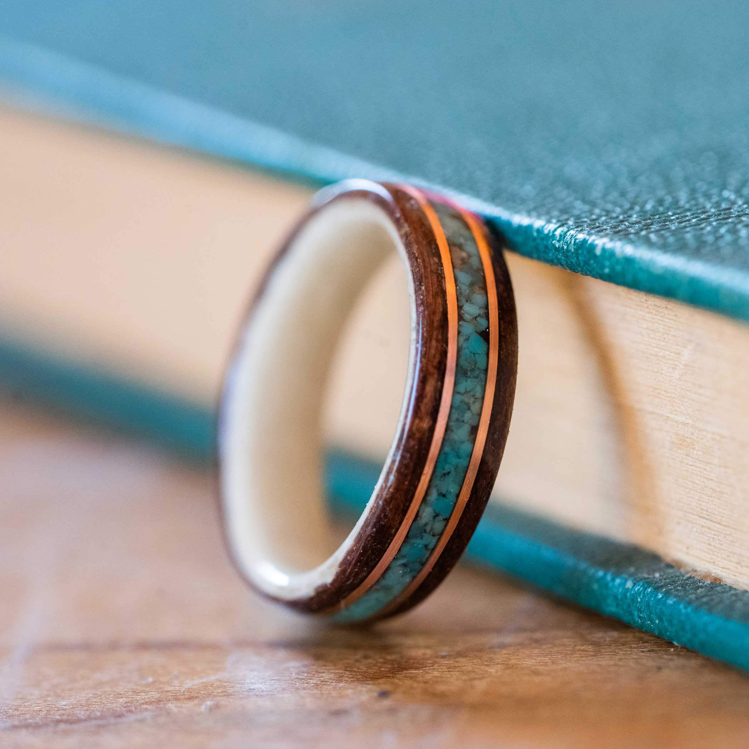 Women's Antique Walnut Wedding Band with Turquoise, Holly & Dual Gold