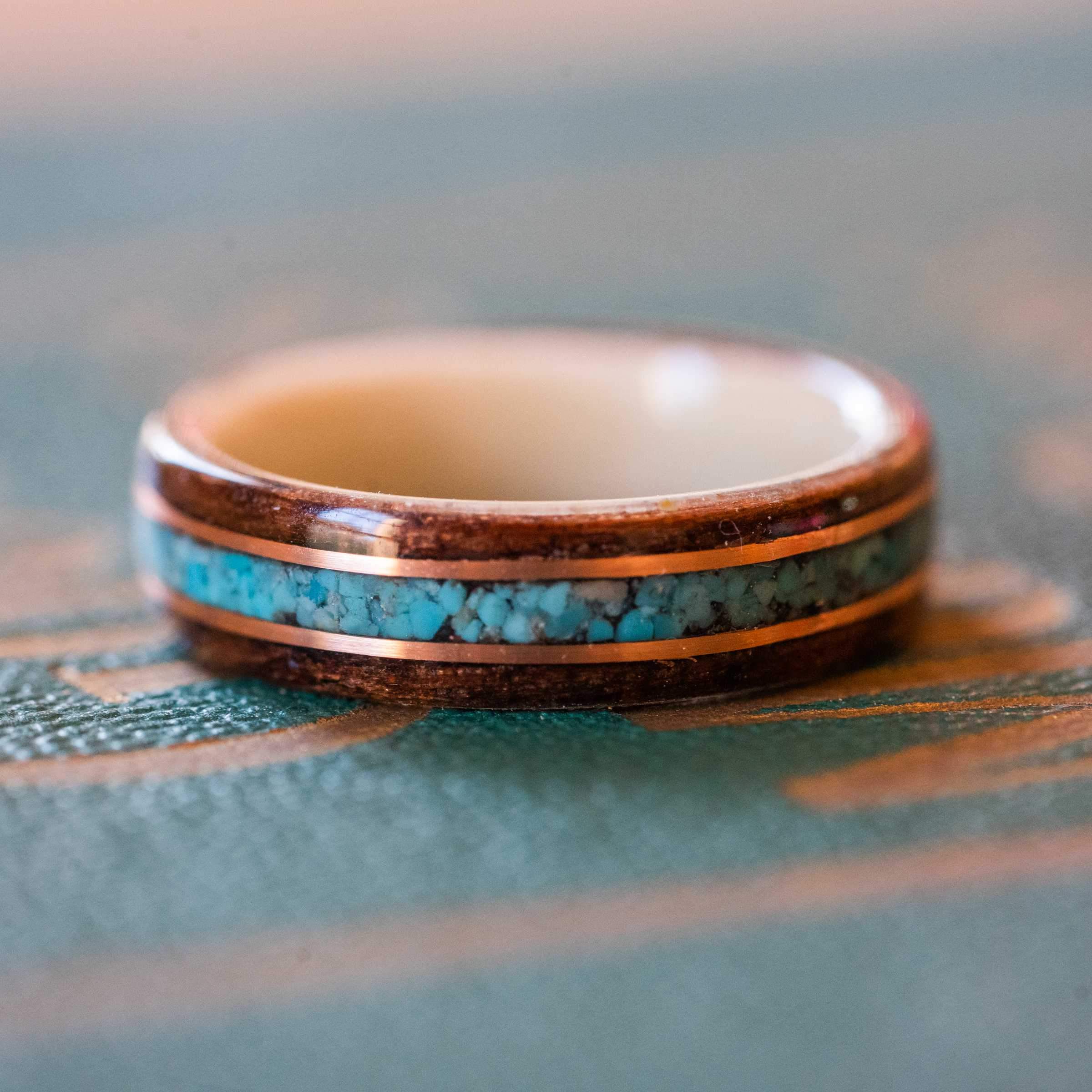 Women's Antique Walnut Wedding Band with Turquoise, Holly & Dual Gold