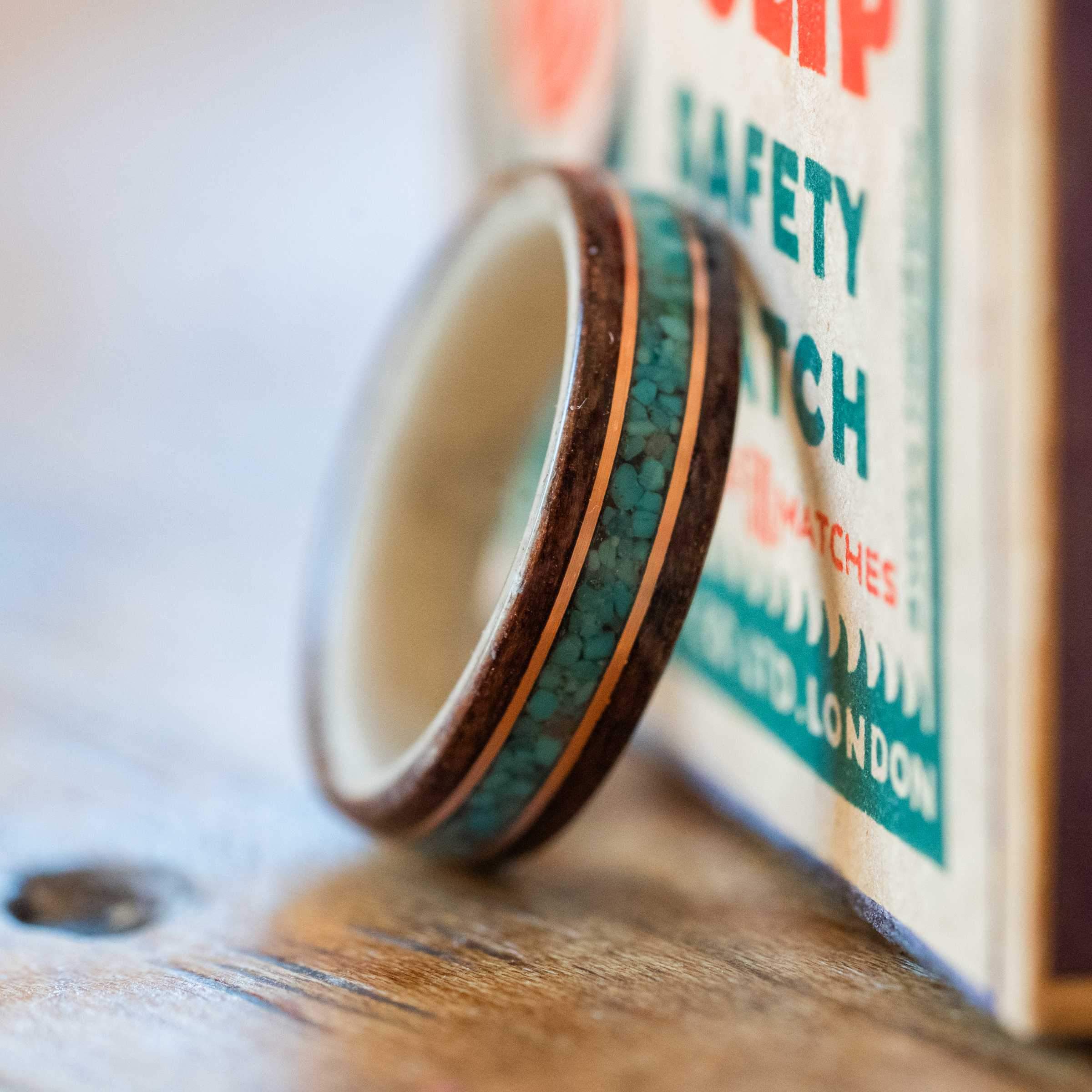 Women's Antique Walnut Wedding Band with Turquoise, Holly & Dual Gold