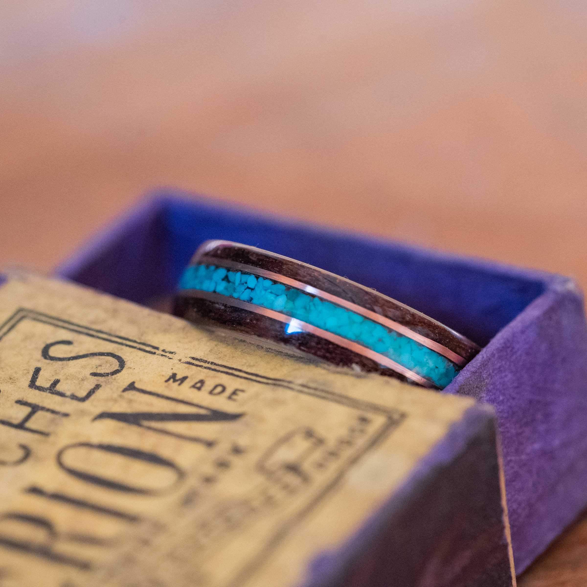 Women's Antique Walnut Wedding Band with Turquoise, Holly & Dual Gold