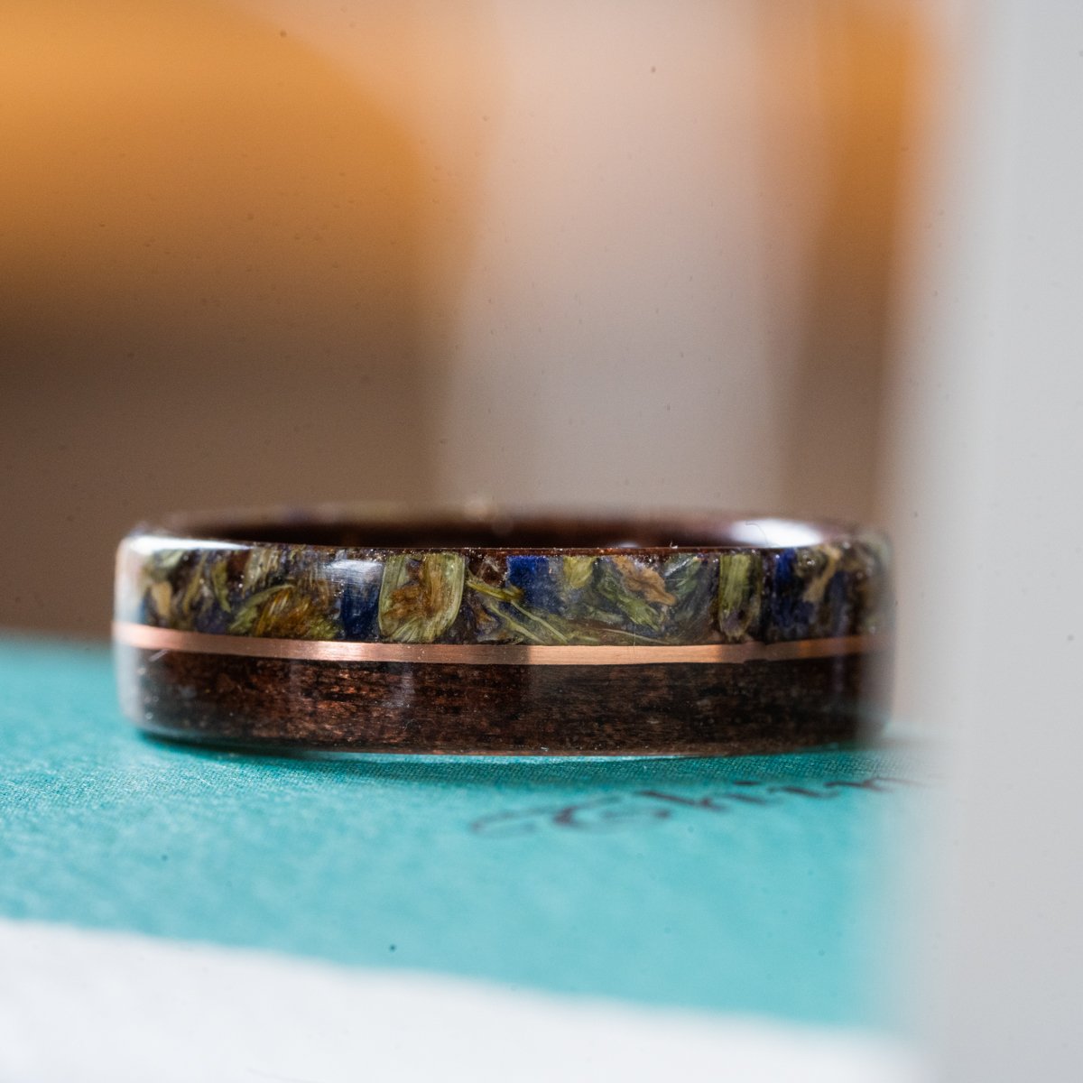 Women's Antique Walnut Wedding Band with Lavender Flowers and Center Gold Inlay