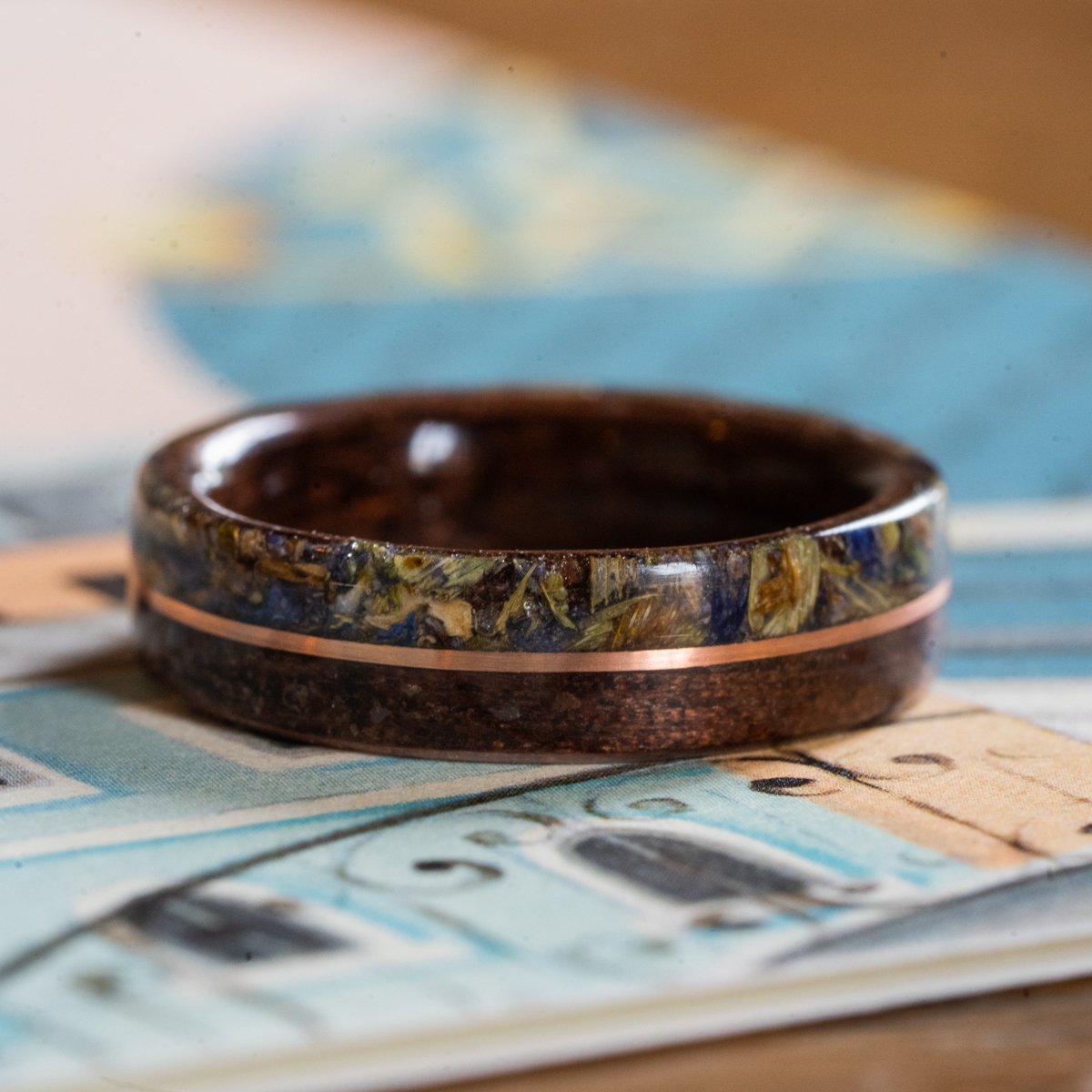 Women's Antique Walnut Wedding Band with Lavender Flowers and Center Gold Inlay