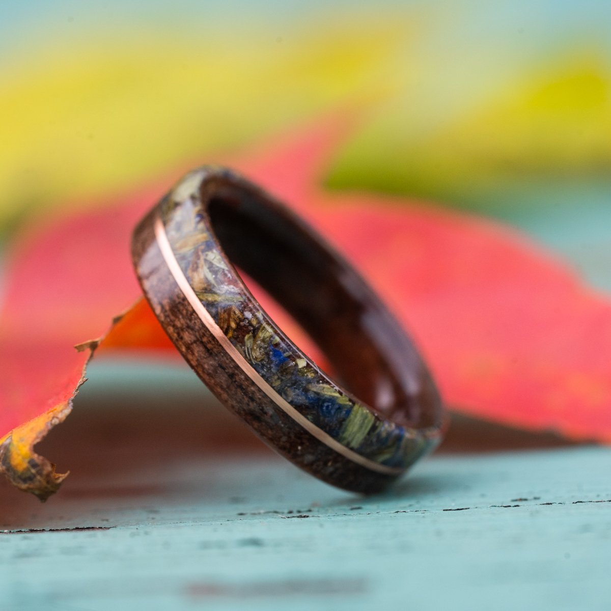 Women's Antique Walnut Wedding Band with Lavender Flowers and Center Gold Inlay