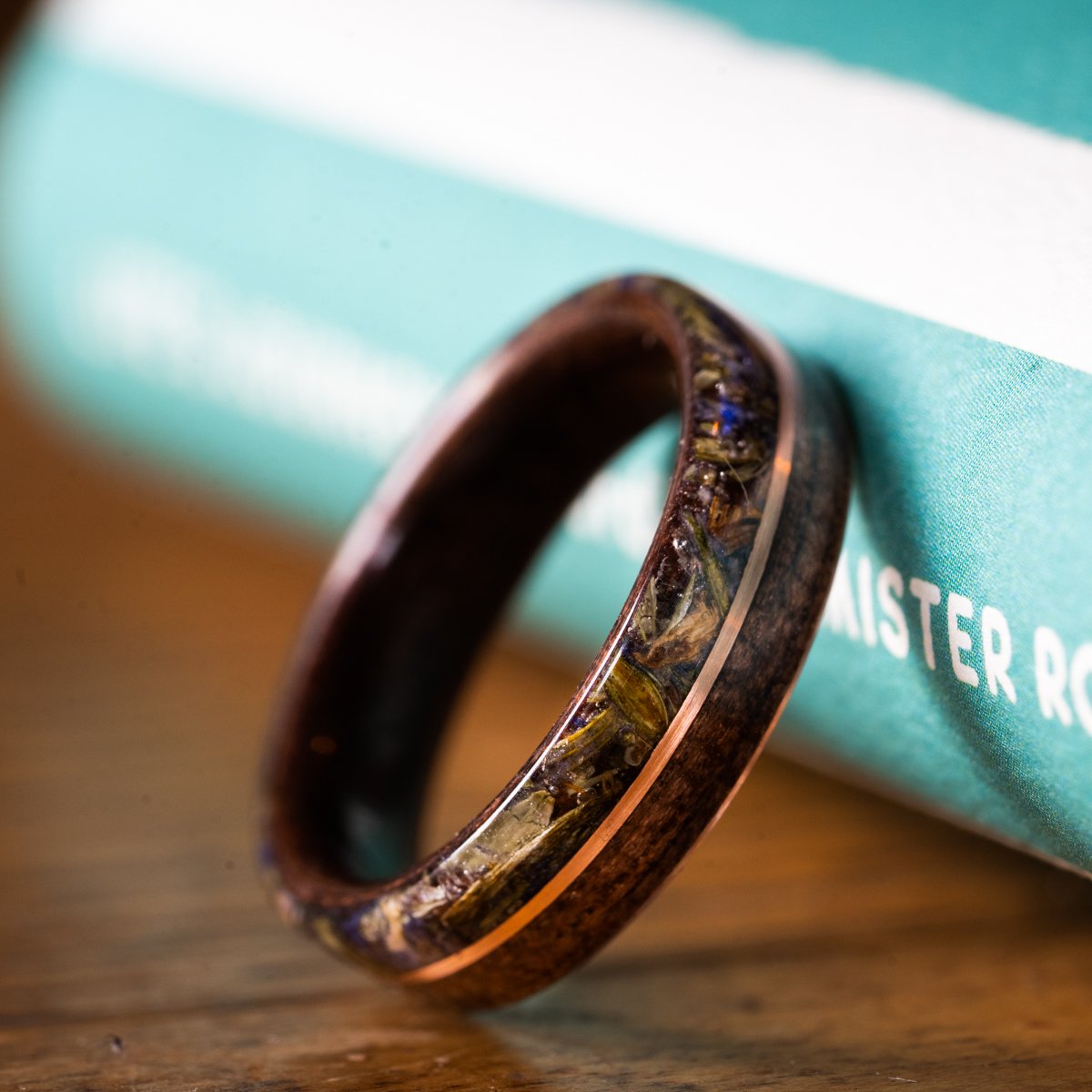 Women's Antique Walnut Wedding Band with Lavender Flowers and Center Gold Inlay