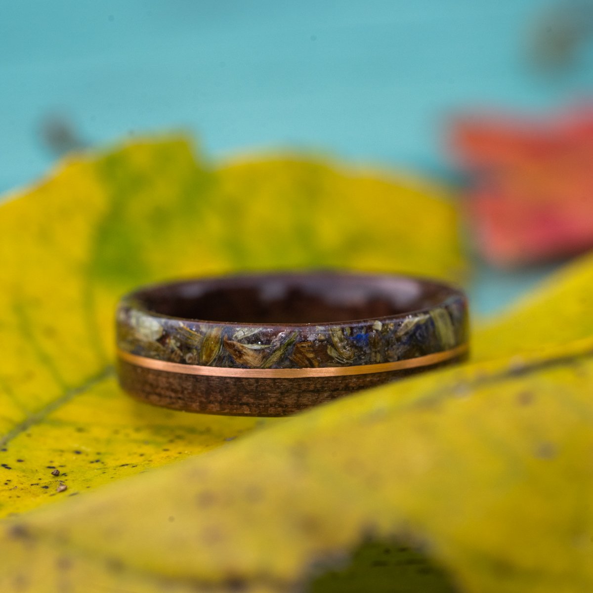 Women's Antique Walnut Wedding Band with Lavender Flowers and Center Gold Inlay