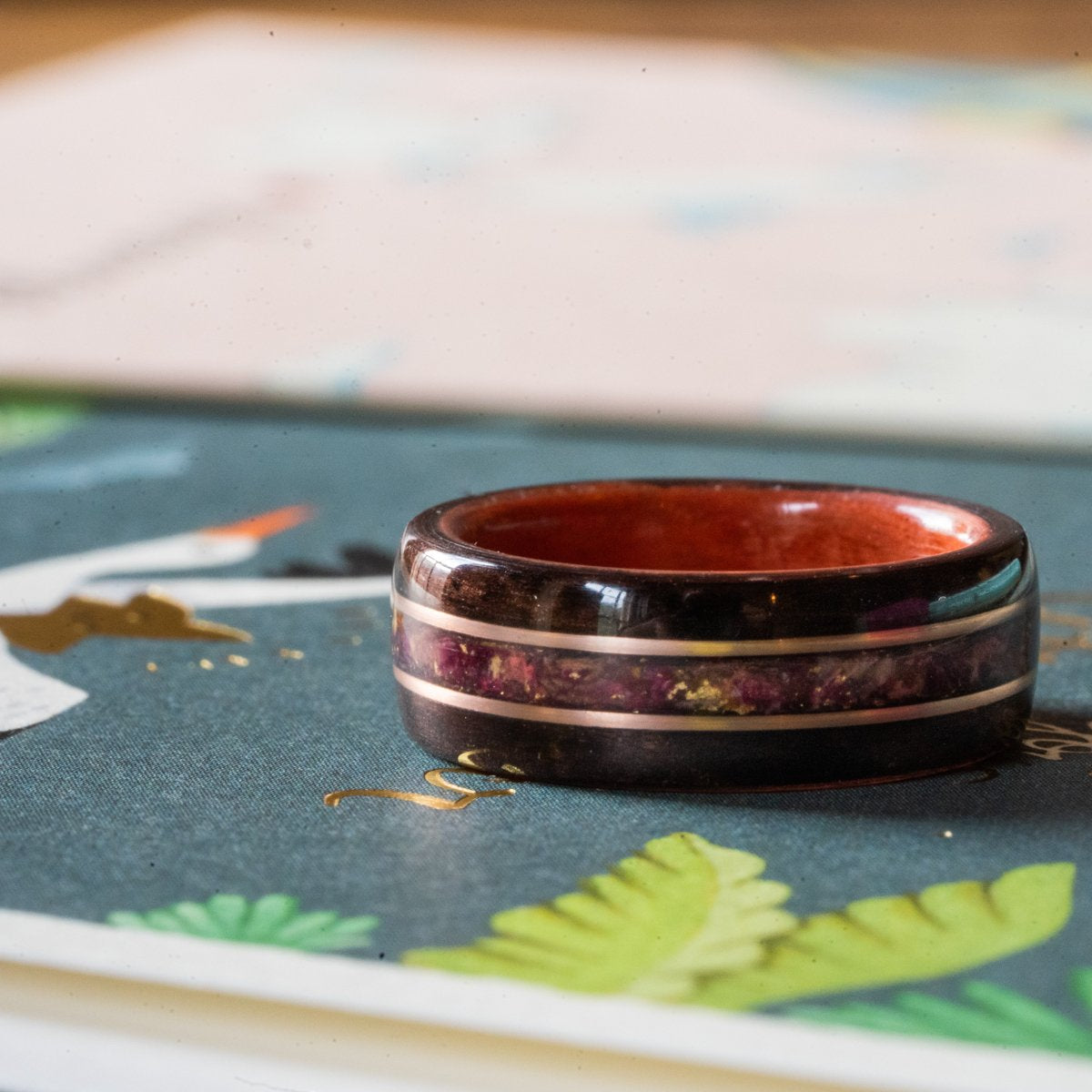 Women's Rosewood Wedding Band with Roses and Dual Gold Inlays