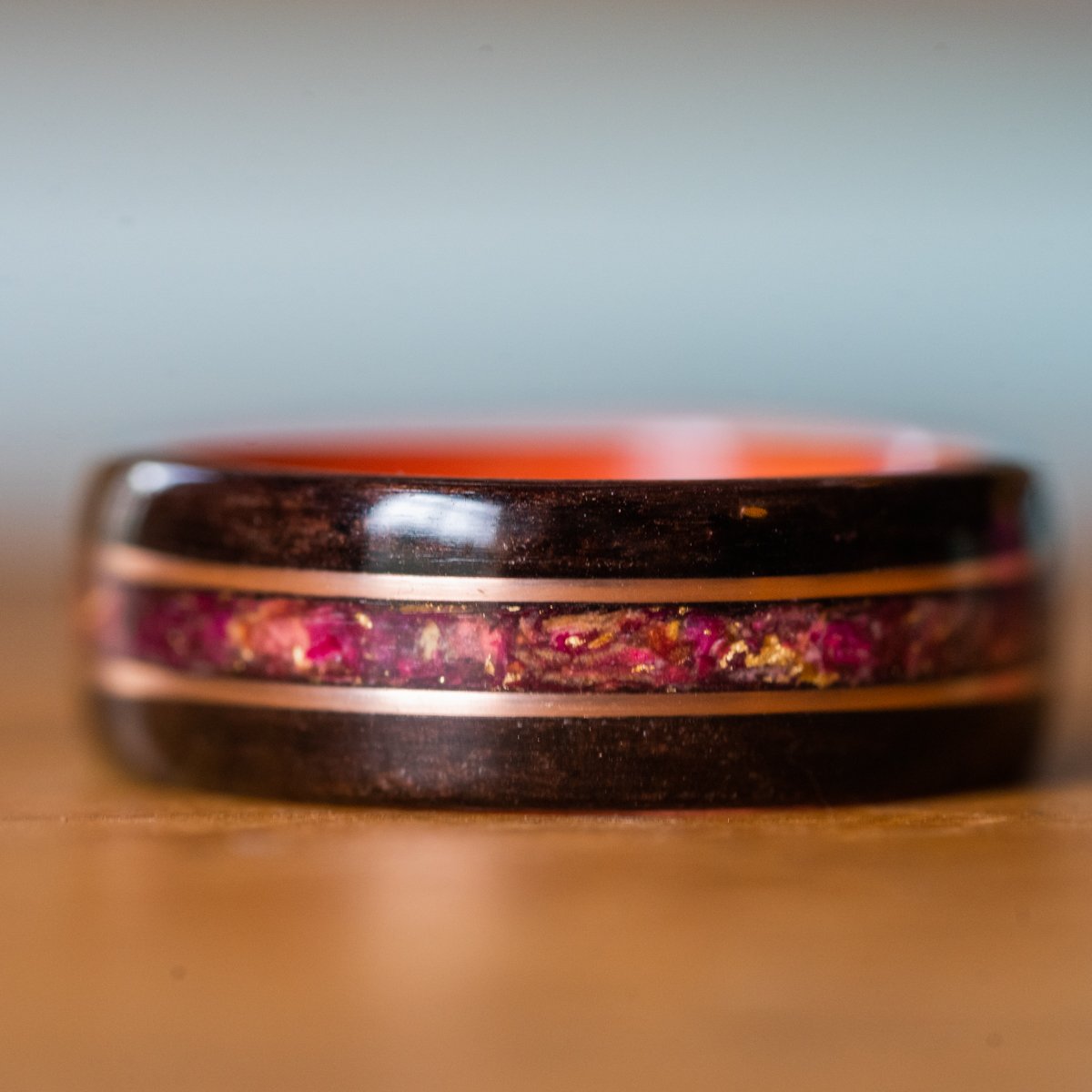 Women's Rosewood Wedding Band with Roses and Dual Gold Inlays