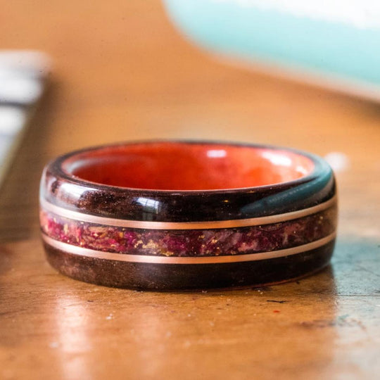 Women's Rosewood Wedding Band with Roses and Dual Gold Inlays