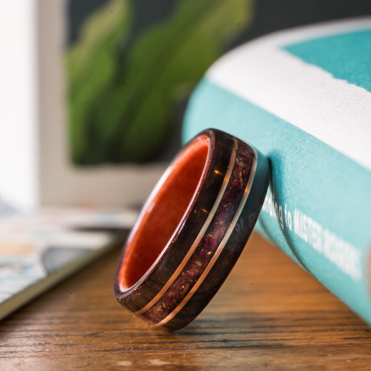 Women's Rosewood Wedding Band with Roses and Dual Gold Inlays