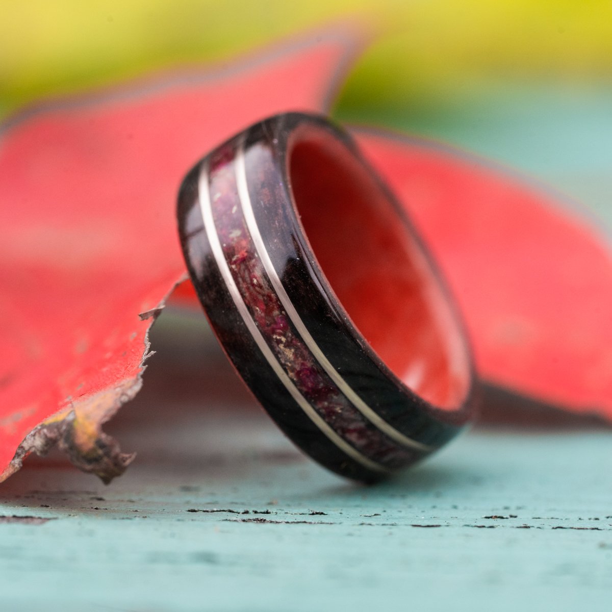 Women's Rosewood Wedding Band with Roses and Dual Gold Inlays