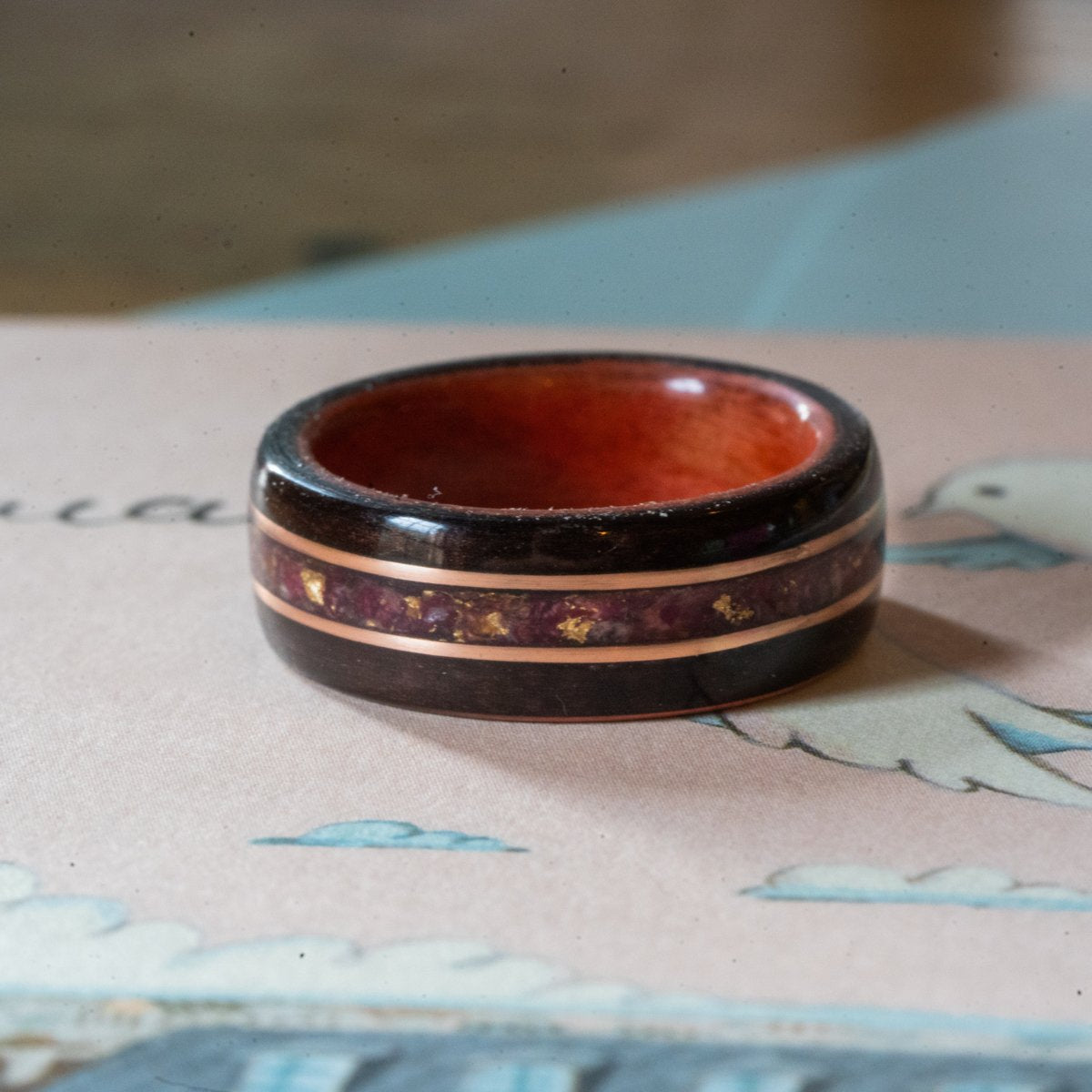 Women's Rosewood Wedding Band with Roses and Dual Gold Inlays