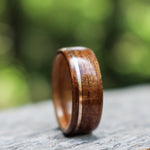 (In-Stock) USS North Carolina Teak & Whiskey - Makers Mark w/Offset Rose Gold Inlay - Size 9/8 mm Wide