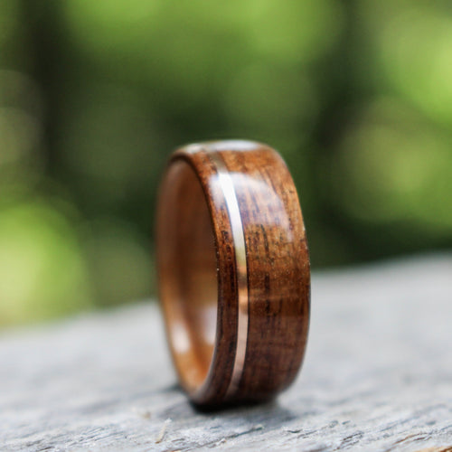 (In-Stock) USS North Carolina Teak & Whiskey - Makers Mark w/Offset Rose Gold Inlay - Size 9/8 mm Wide