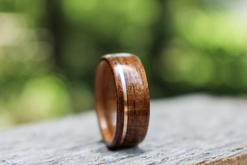 (In-Stock) USS North Carolina Teak & Whiskey - Makers Mark w/Offset Rose Gold Inlay - Size 11.75/8 mm Wide
