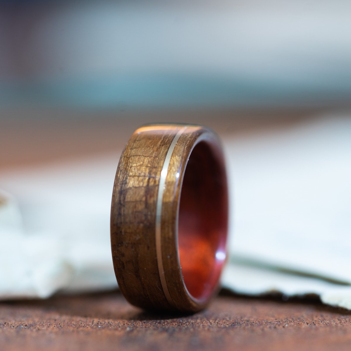 USS New Jersey Teak Wood Wedding Ring with Bloodwood