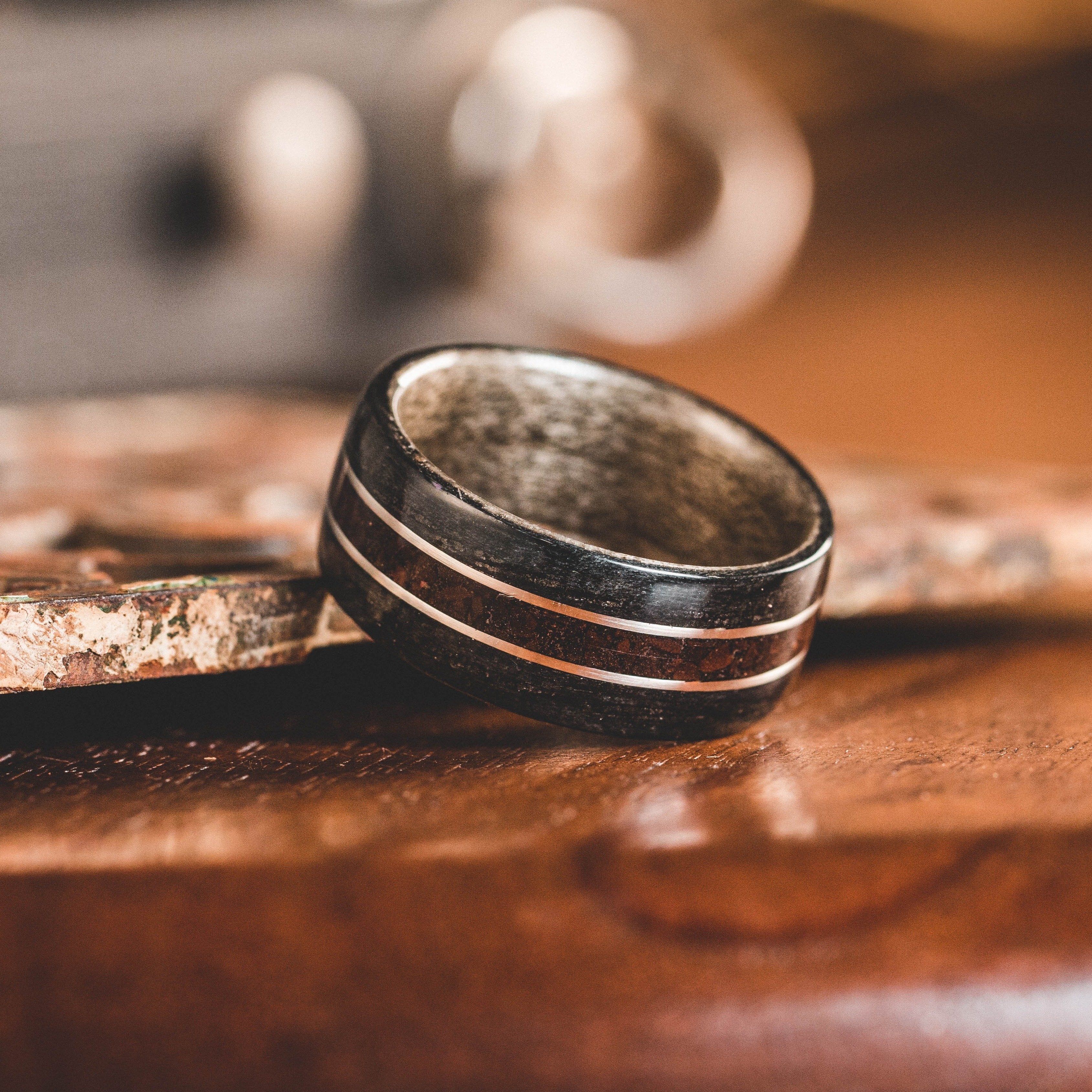 (In-Stock)  Weathered Woodford Reserve Whiskey Barrel  & Maple Liner w/ Custom Coffee and Dual Silver Inlays - Size 9.25/ 9mm Wide