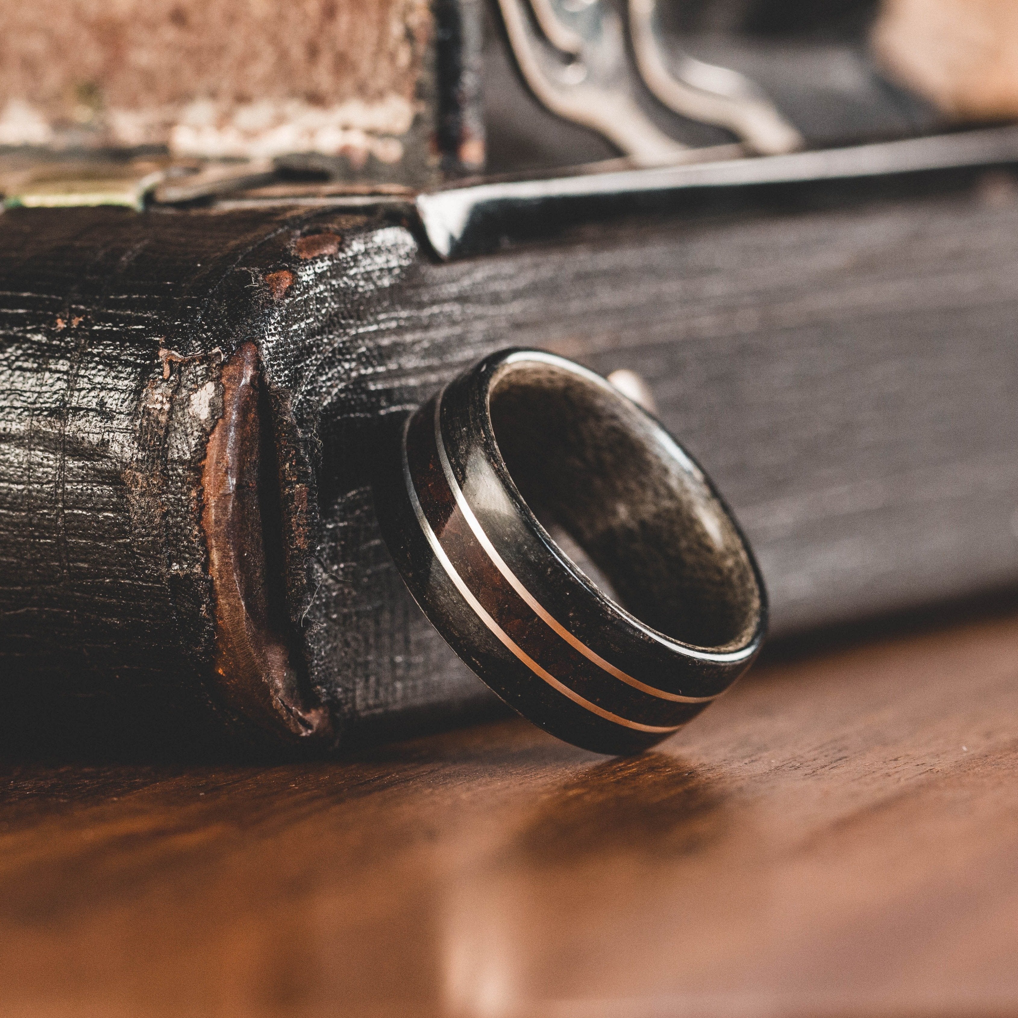 (In-Stock)  Weathered Woodford Reserve Whiskey Barrel  & Maple Liner w/ Custom Coffee and Dual Silver Inlays - Size 9.25/ 9mm Wide