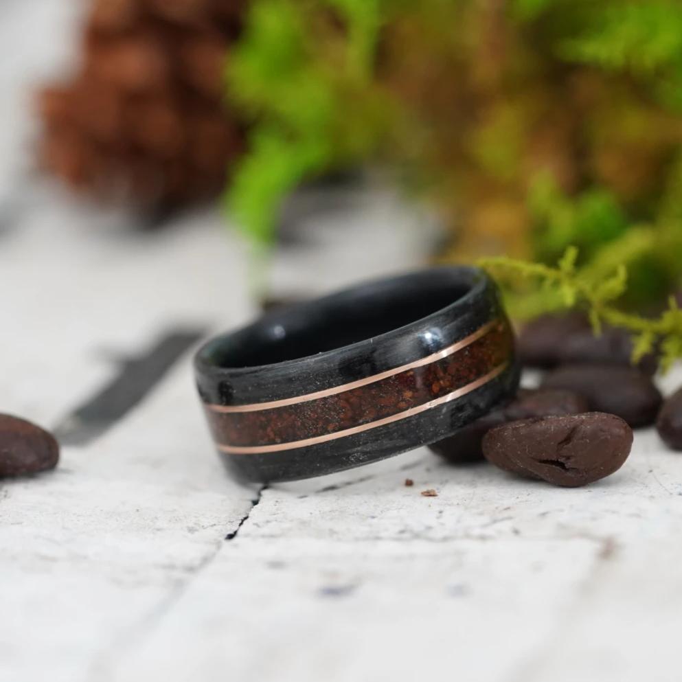 (In-Stock)  Weathered Woodford Reserve & Weathered Maple Liner w/ Coffee and Dual Silver Inlays - Size 9.25/ 9mm Wide