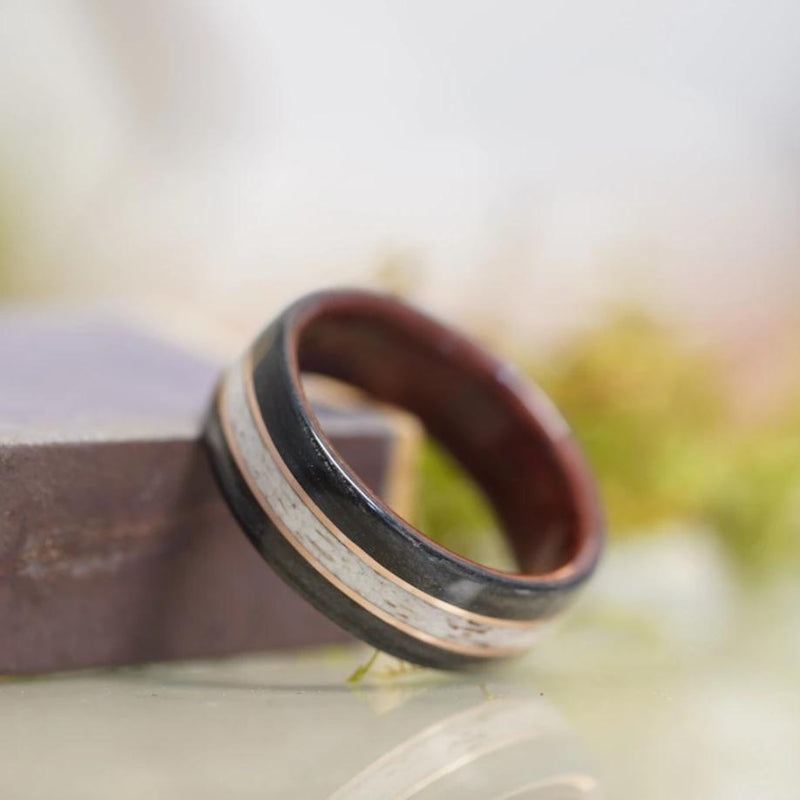 (In-Stock) Weathered Jack Daniel's & Elk w/Double Rose Gold  & Purple Heart Liner- Size 13.5/9mm Wide