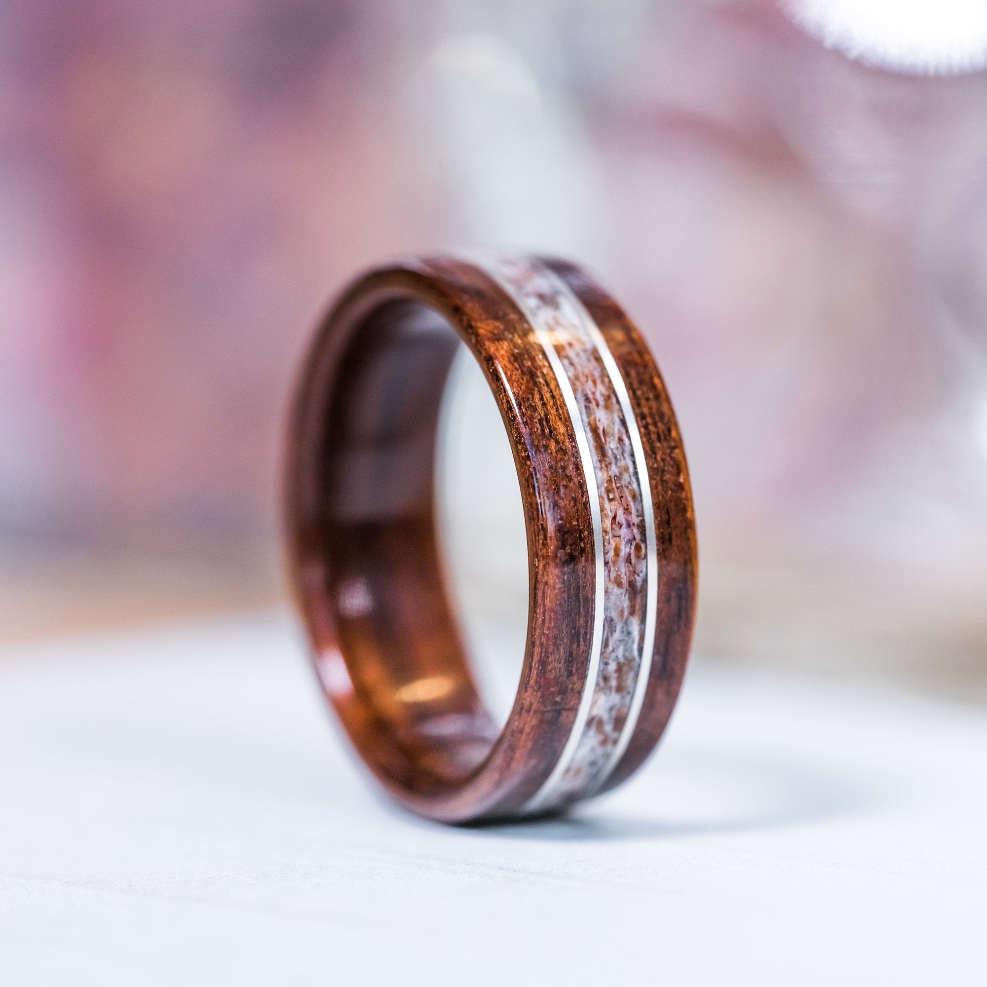 (In-Stock) Antique Walnut w/Elk and Double Silver Inlay - Size 13.75/9mm Wide