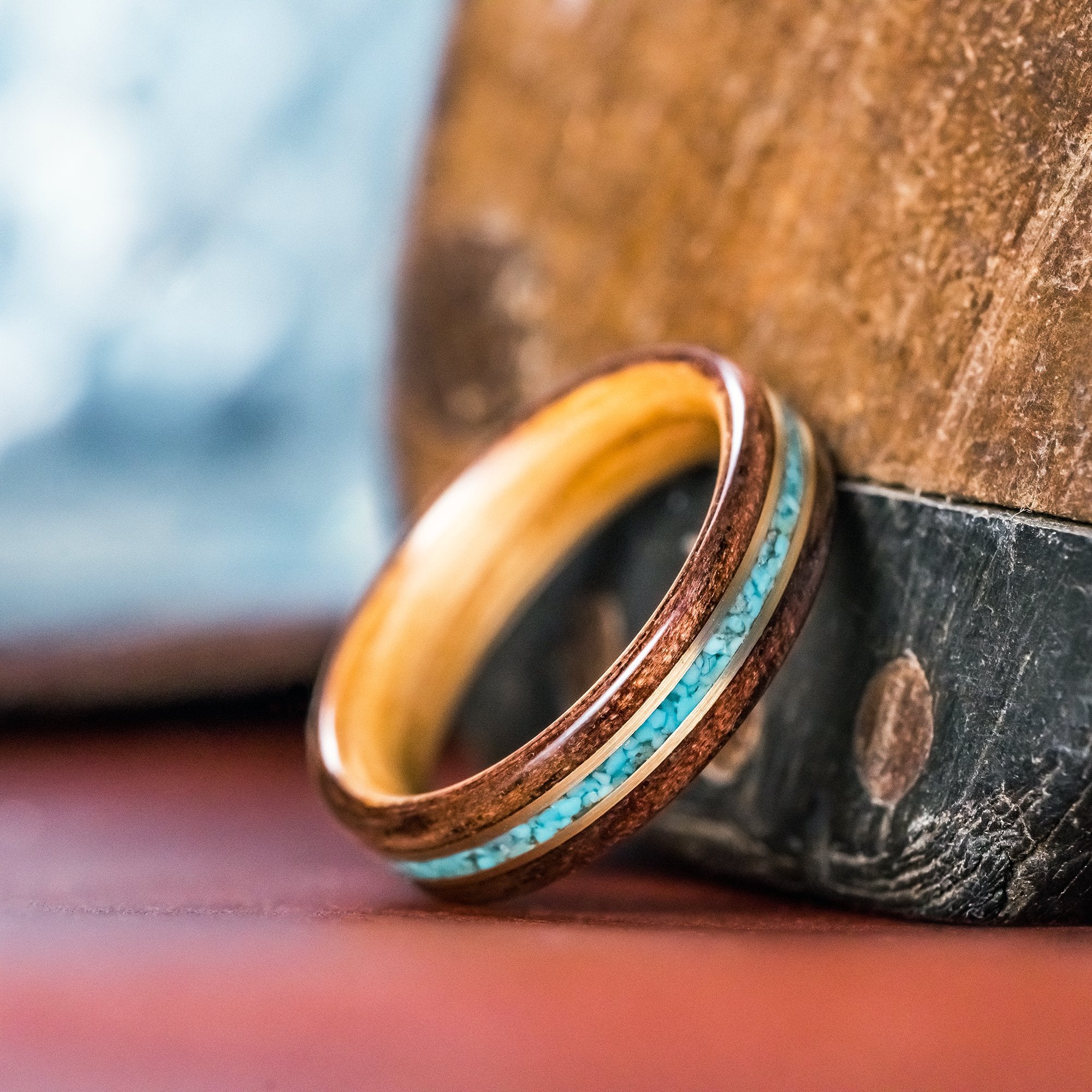 (In-Stock) Antique Walnut /  Maker's Mark Liner with Turquoise & Dual Brass Inlays - Size 9/5.5 mm Wide