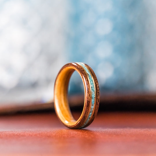 (In-Stock) Antique Walnut /  Maker's Mark Liner with Turquoise & Dual Brass Inlays - Size 9/5.5 mm Wide