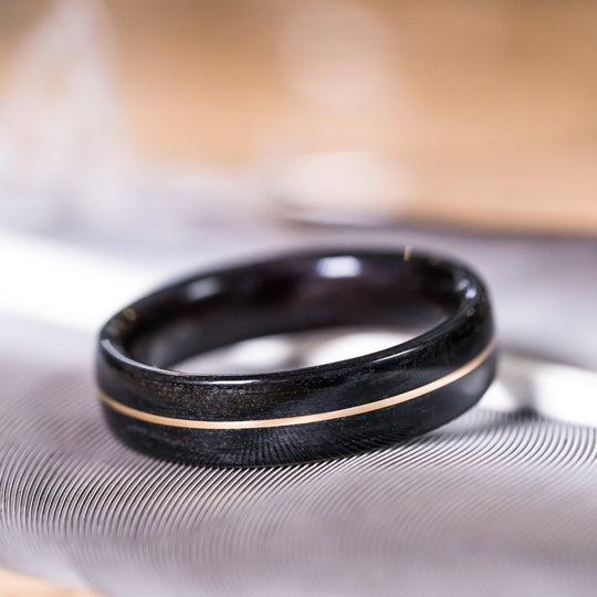 (In-Stock) Weathered Jack Daniel's Whiskey Barrel and Rosewood w/Centered Yellow Gold - Size 12/5.5 mm Wide