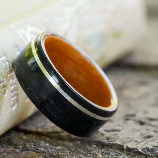 Weathered Whiskey Barrel & Black Cherry Wood Wedding Ring with Offset Sterling Silver Inlay